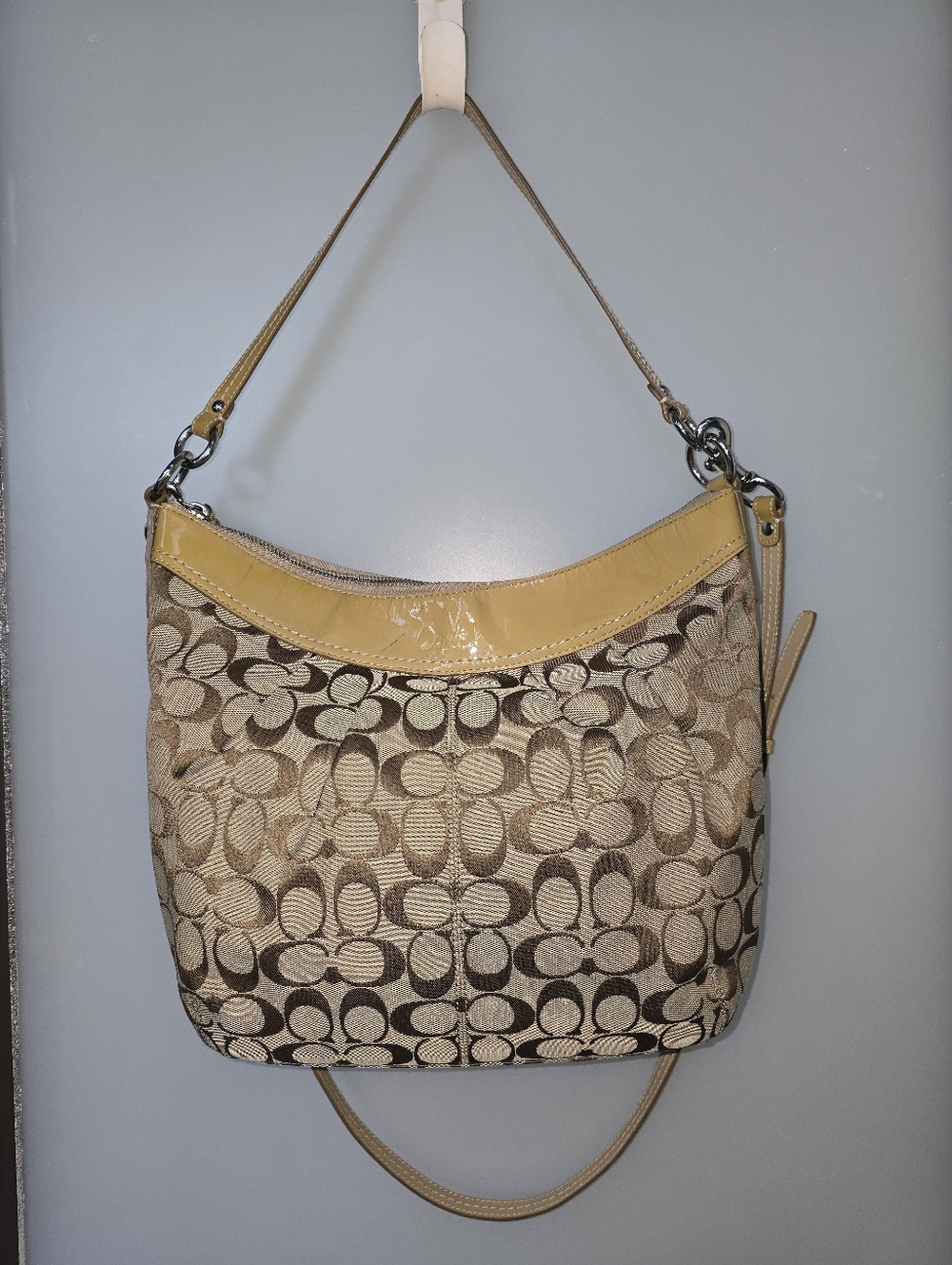 COACH F13744 Shoulder Bag Crossbody Khaki Jacquard Mustard Yellow Pat Leather **